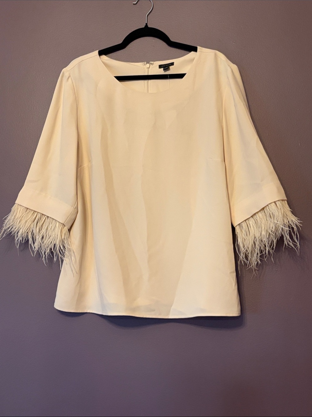 Ann Taylor Women’s Cream 3/4 Sleeve Feather-Trim Blouse Top Size 14 NWT